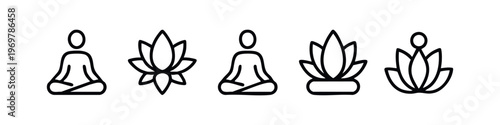 Yoga and Meditation Line Art Icons Set - Lotus Poses and Flower Outlines for Wellness