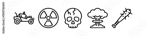 Post-Apocalyptic and Danger Line Art Icons Set - Survival, Radiation, Skull, Nuke Outlines