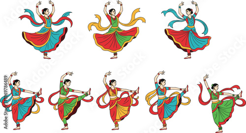 Vector illustration of dancer performing traditional Indian dance poses with colorful outfits and flowing scarves