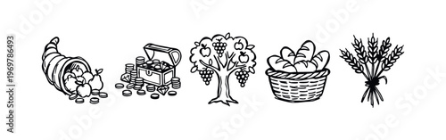Cornucopia with fruits and coins icon, symbol of abundance, harvest, and prosperity.