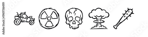 Post-Apocalyptic and Danger Doodle Icons Set - Survival, Radiation, Skull, Nuke Sketches