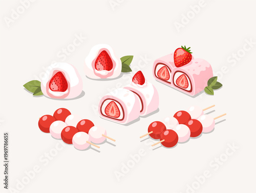 Variety of Japanese Strawberry Mochi Daifuku and Dango Skewers Illustration.