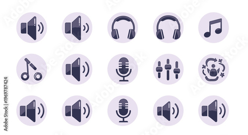 Audio and Sound Icons Set in Circle Buttons