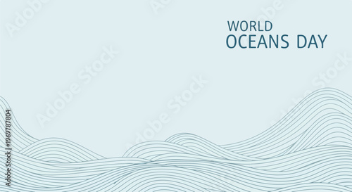 Stylized background with flowing wave lines for World Oceans Day commemoration. Light blue abstract design featuring gentle ocean waves, providing a serene backdrop for World Oceans Day awareness.