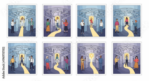 Diverse people contemplate life path choices, facing bright opportunity in complex maze. Individuals navigate personal journey, seeking clear life path ahead. Concept life path for career guidance,