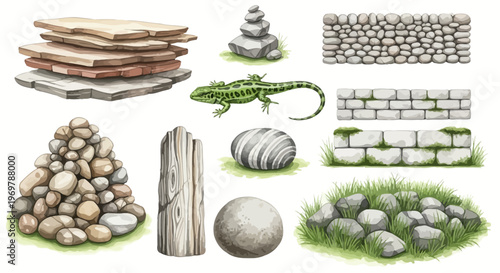Collection of rocks, stones, and building materials, including walls and a reptile, set against a white background