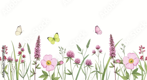 Whimsical watercolor springtime garden with blooming pink flowers and graceful butterflies