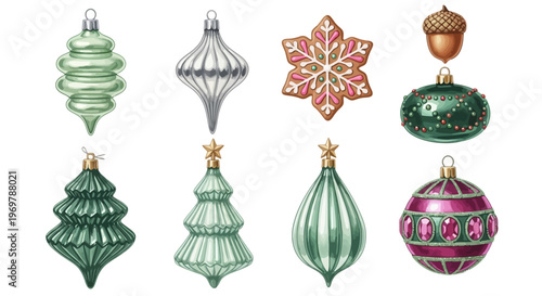 Collection of vintage Christmas tree ornaments and festive decorations