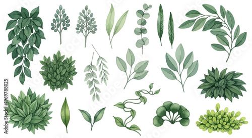 Vibrant Green Foliage Collection Diverse Botanical Elements, Leaves, Branches, and Shrubs for Natural Design