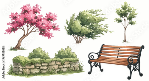 Charming Garden Elements Blooming Trees, Lush Bushes, Stone Wall, Park Bench, and Sapling Illustration