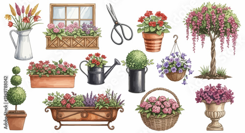 Gardening and Floral Elements Collection Watering Cans, Planters, Scissors, and Blooming Flowers