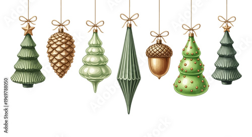 Elegant collection of diverse green and gold holiday ornaments suspended by bows, celebrating festive cheer and winter charm