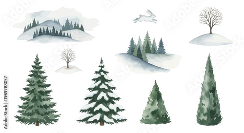 Collection of snowy winter landscape elements including trees, hills, and a rabbit, perfect for festive holiday designs and seasonal artwork