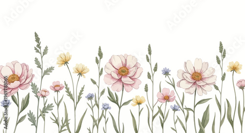 Delicate Watercolor Wildflower Border Illustration with Blooming Meadow Flowers and Fresh Green Grass