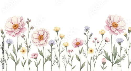 Delicate Watercolor Wild Poppy and Buttercup Floral Border Design on White Background for Spring and Summer Decoration