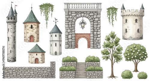 Collection of Medieval Castle Elements and Architectural Details with Trees and Shrubs for Landscape Design