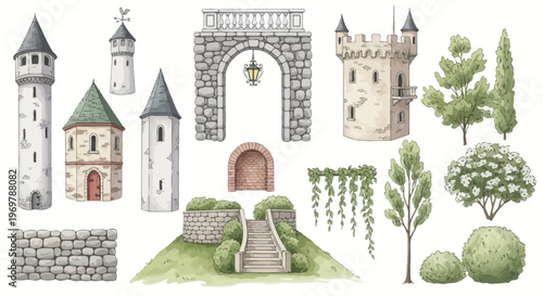 Watercolor Medieval Castle Elements Set. Hand-drawn Fairytale Kingdom Architecture and Garden Landscape Creator Kit