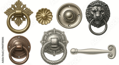Collection of ornate antique door knockers and drawer pulls in various metal finishes