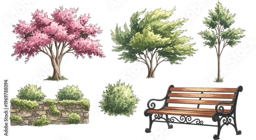 A charming collection of park elements including blooming trees, lush bushes, a stone wall, and a classic park bench, perfect for outdoor scenes and garden designs