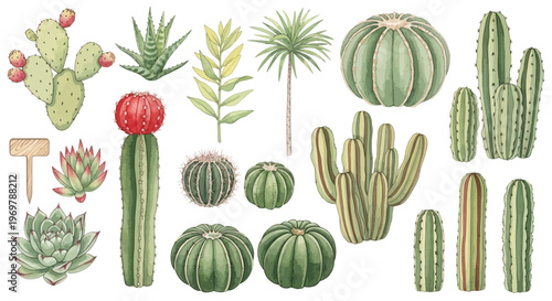 Botanical Collection of Various Cacti and Succulents in Illustration Style