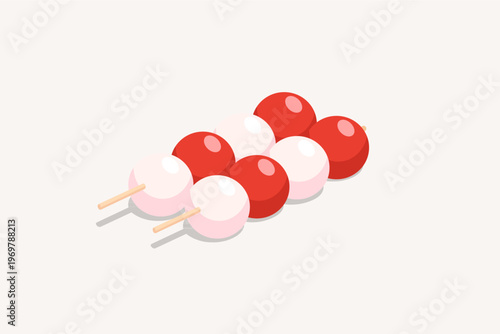 Red and White Japanese Dango Skewers Illustration, Isometric Mochi Balls.