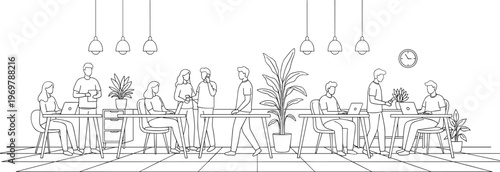 Vector illustration of modern coworking office space with people working, talking and collaborating