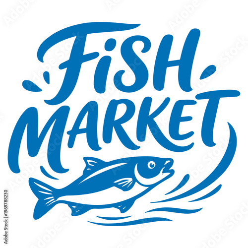 Fish market logo with swimming fish and water waves seafood illustration

