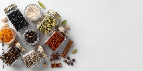 Assorted spices and herbs in jars, perfect for holiday cooking and festive meals. A spice jar mockup