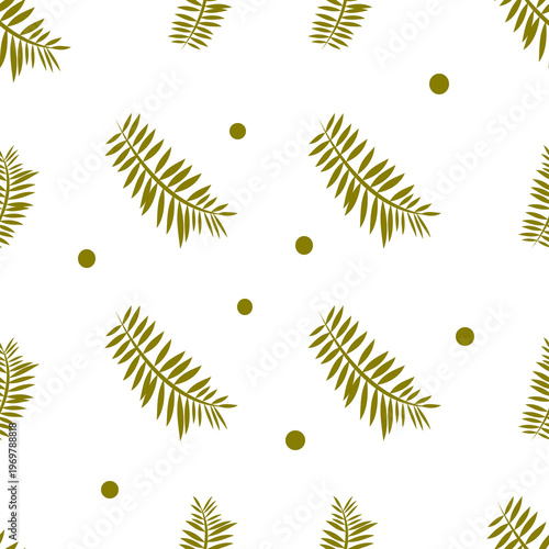 Seamless pattern with green palm leaves and dots on white background