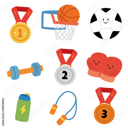 Cute Cartoon Sports Medals & Equipment Illustration Set