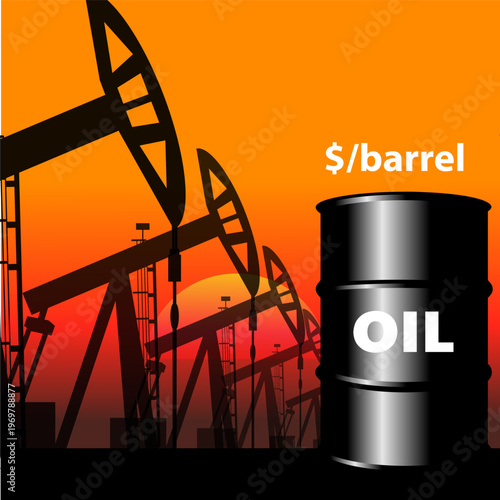 Industrial landscape of oil production against the background of a graph of falling prices per barrel vector illustration