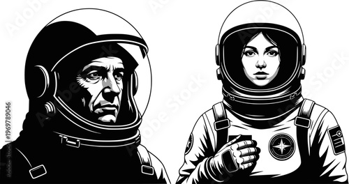Two astronauts in space suits. Man and woman astronauts, Monochrome vector illustration. Transparent EPS version.