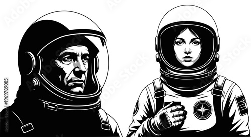 Two astronauts in space suits. Man and woman astronauts, Monochrome vector illustration. Transparent SVG version.