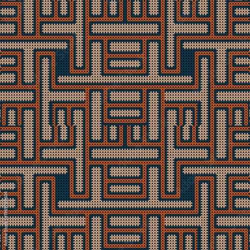 Seamless beadwork maze pattern with Greek key meander motifs in rust orange beige and deep teal