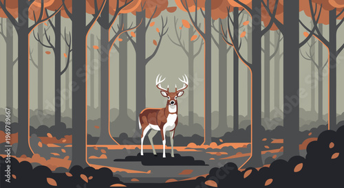 Vector illustration of a majestic deer in tranquil autumn forest with orange leaves and bare trees