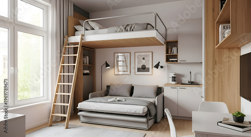 Modern studio apartment with loft bed.