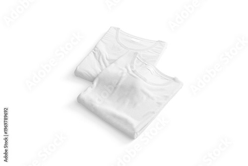 Blank white folded square t-shirt mock up pair png, transparent background, 3d rendering. Empty two crumpled textile tee-shirt mockup cut out. Clear new basic or casual unisex apparel template.