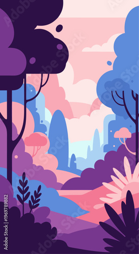 Vector illustration of pink purple forest trees vector art tranquil woodland nature artwork