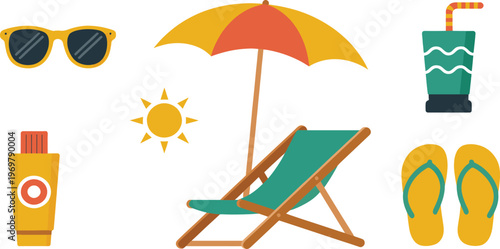 Arrangement of beach essentials such as sunglasses, sunscreen, a lounge chair under an umbrella, and flip-flops.