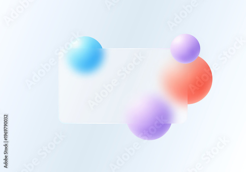 Glassmorphism banner with translucent panel and colorful gradient spheres