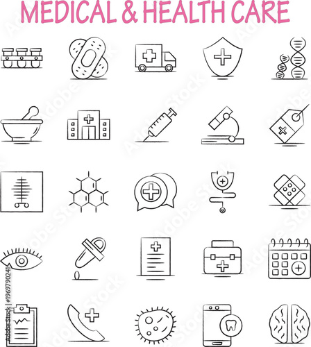 Medical and Healthcare Icon Collection: A comprehensive set of hand-drawn medical and healthcare icons, perfect for illustrating health-related concepts. The collection includes various elements