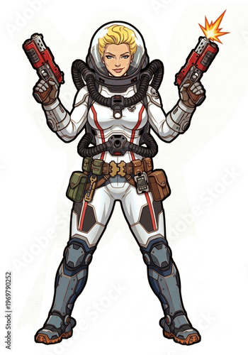 Cyberpunk Space Raider Woman with Dual Pistols – Futuristic Sci Fi Female Soldier Vector Illustration