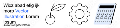 Agriculture, engineering, finance, technology, mechanics, productivity. A cherry with a leaf, gear symbol and calculator. Agriculture and engineering concepts highlighted through objects