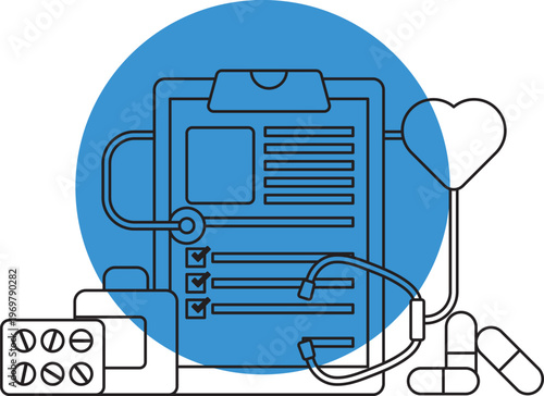 Medical Illustration: A stylized representation of healthcare, featuring a clipboard, stethoscope, pills, and the iconic symbol of a heartbeat, conveying themes of health and wellness.
