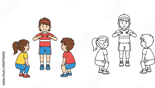 Kids doing physical exercises and stretching illustration set, including color and black and white outline vector for educational posters and children coloring book pages