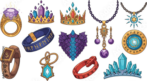 Fantasy Jewelry Collection with Magic Rings Crowns Necklaces Crystals Vector Set