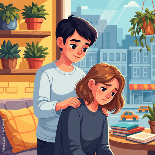 Young Man Comforting Sad Woman in Apartment with Plants and City View Illustration