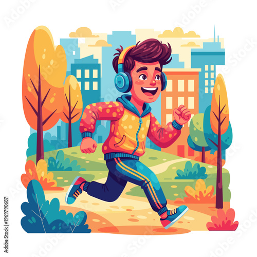 Happy boy running in city park wearing headphones active lifestyle cartoon illustration