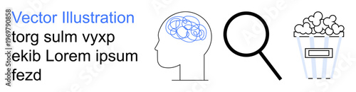 Education, research, mental health, entertainment, movie night, focus. A brain with scribbles, a magnifying glass and a popcorn bucket. Education and research in dynamic visuals