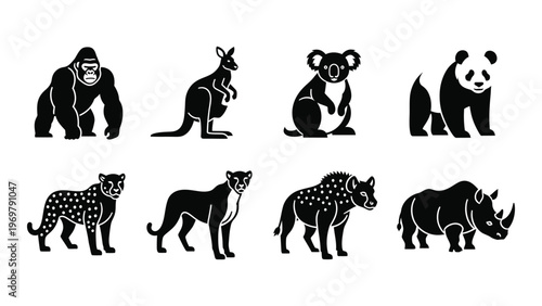 A collection of eight australian and african animal silhouettes including a kangaroo koala and cheetah silhouette high quality professional detailed modern